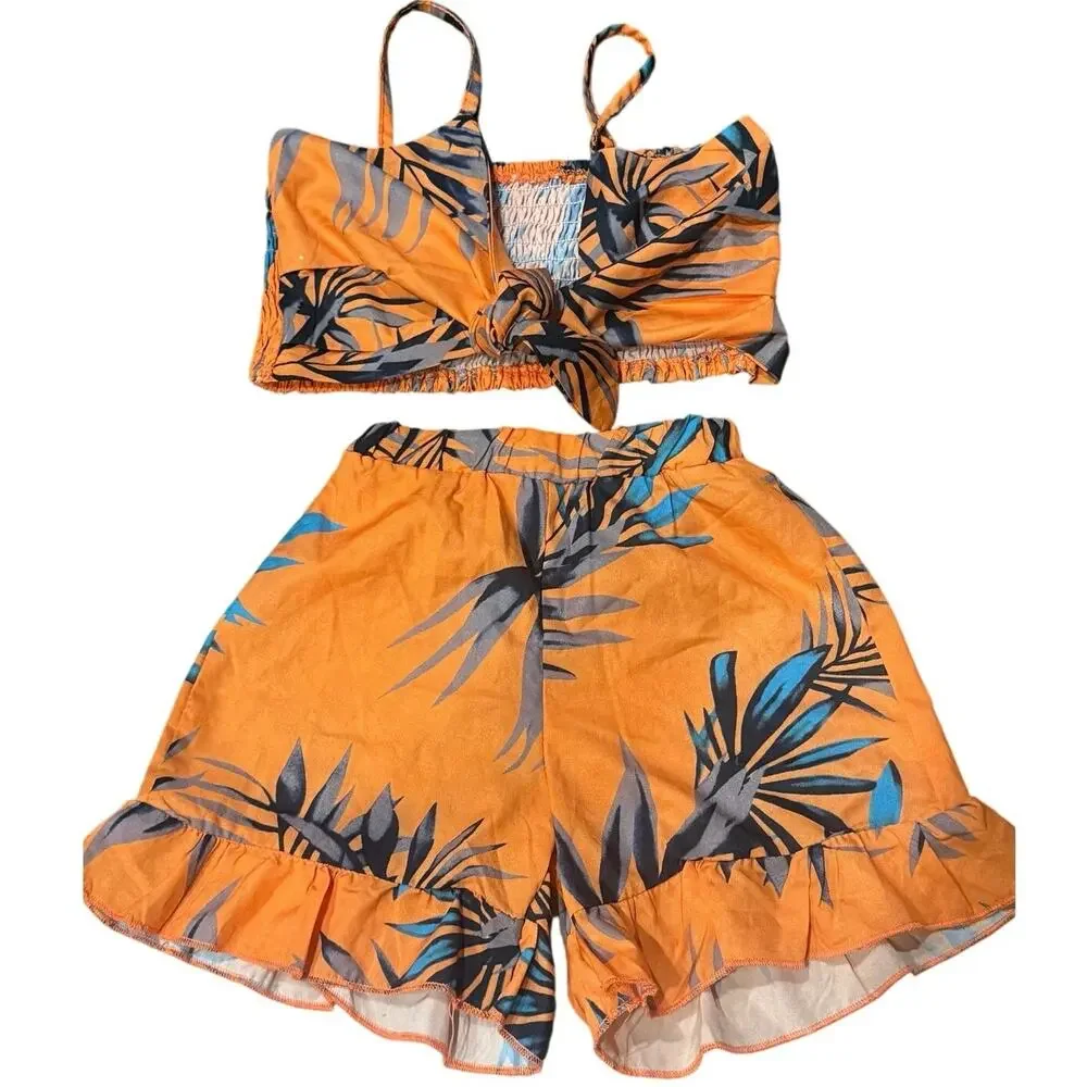 2 Tropical Summer Outfit Sets 12-24M Off Shoulder Crop Top Shorts Bundle